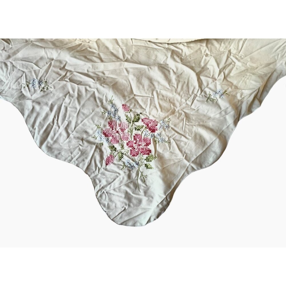 Beige Floral Embroidered Tablecloth 67" X 49" Pink & Blue Cross-Stitch VTG - Picture 13 of 13